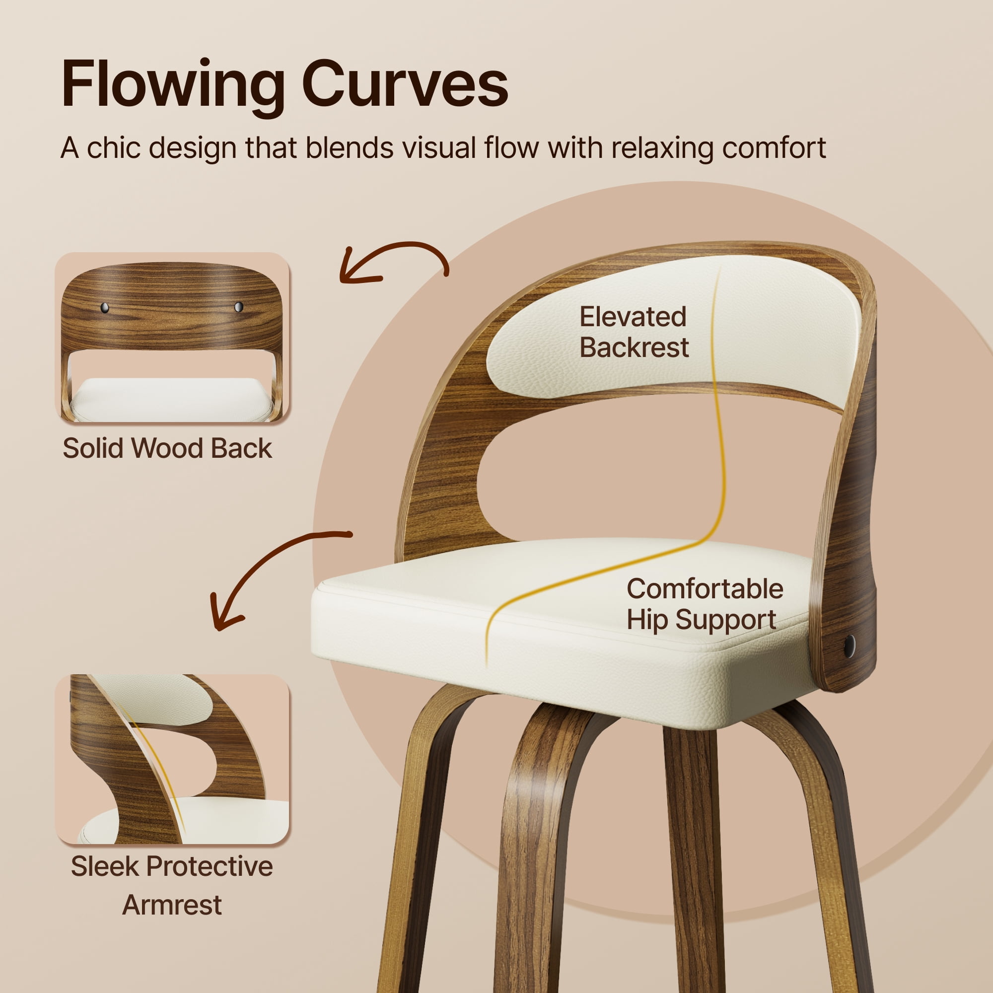 SUNCOZE Bar Stools Set of 2, 26 Inch Counter Height Modern Swivel Bar Chairs with PU Leather Upholstery and Solid Wood Legs, for Kitchen Island or Home Bar, Beige