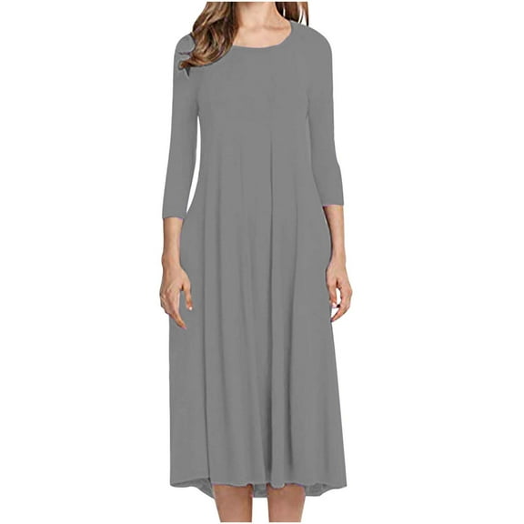 Lilgiuy Women Slim Fit Comfortable Button V-Neck Solid Color Casual Dress Gray Fall Dresses for 2022 Spring Winter