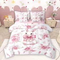 Homewish Lovely Bowtie Rabbit 7-Piece Bedding Comforter Set,Cute Bowtie Ribbon King Bedding Sets,Pink Flower Floral Bed Sheets For Girl,Ultra Soft Home Decor Reversible