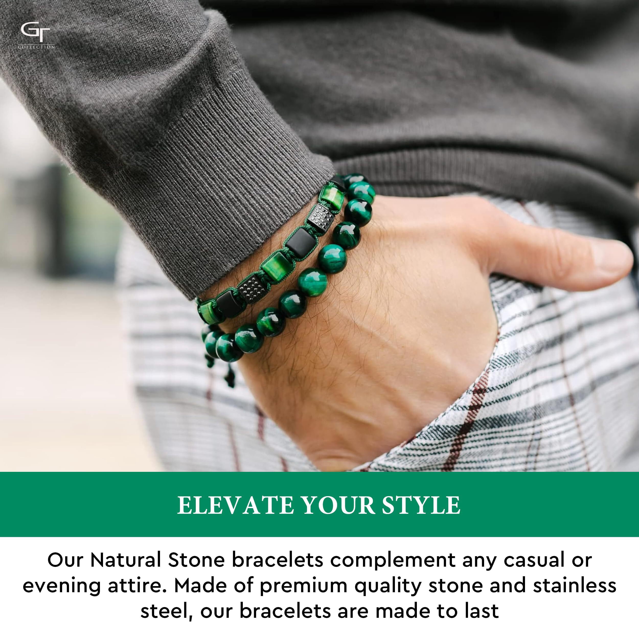 Men's GREEN TIGER EYE, BLACK ONYX Flat Bead Bracelet | Gift for Men | One Size Fits All | 100% Natural | Gemstone Adjustable Bracelet