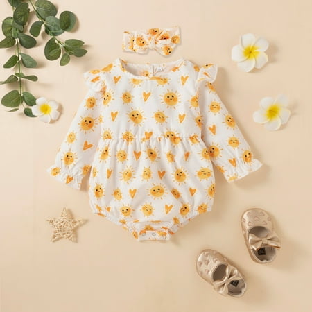 

Leutsin Toddler Girls Baby Long Sleeve Cute Sun Print Flying Sleeve Headwear Jumpsuit Romper