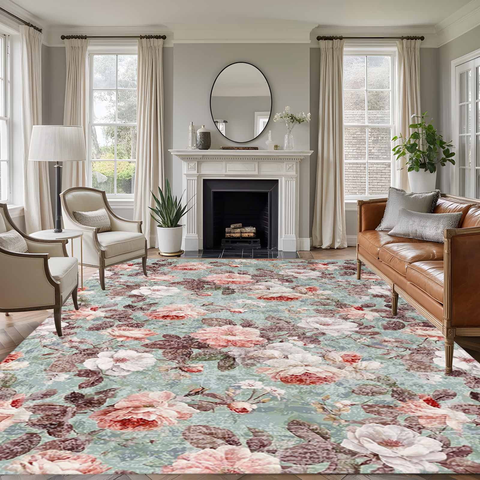 5'x7' Area Rugs for Living Room Bedroom, Pink Green Spring Floral Washable Rug Carpet Runner Indoor Outdoor, Vintage Botanical Summer Non Slip Floor Mats Area Rug for Kitchen, Nursery