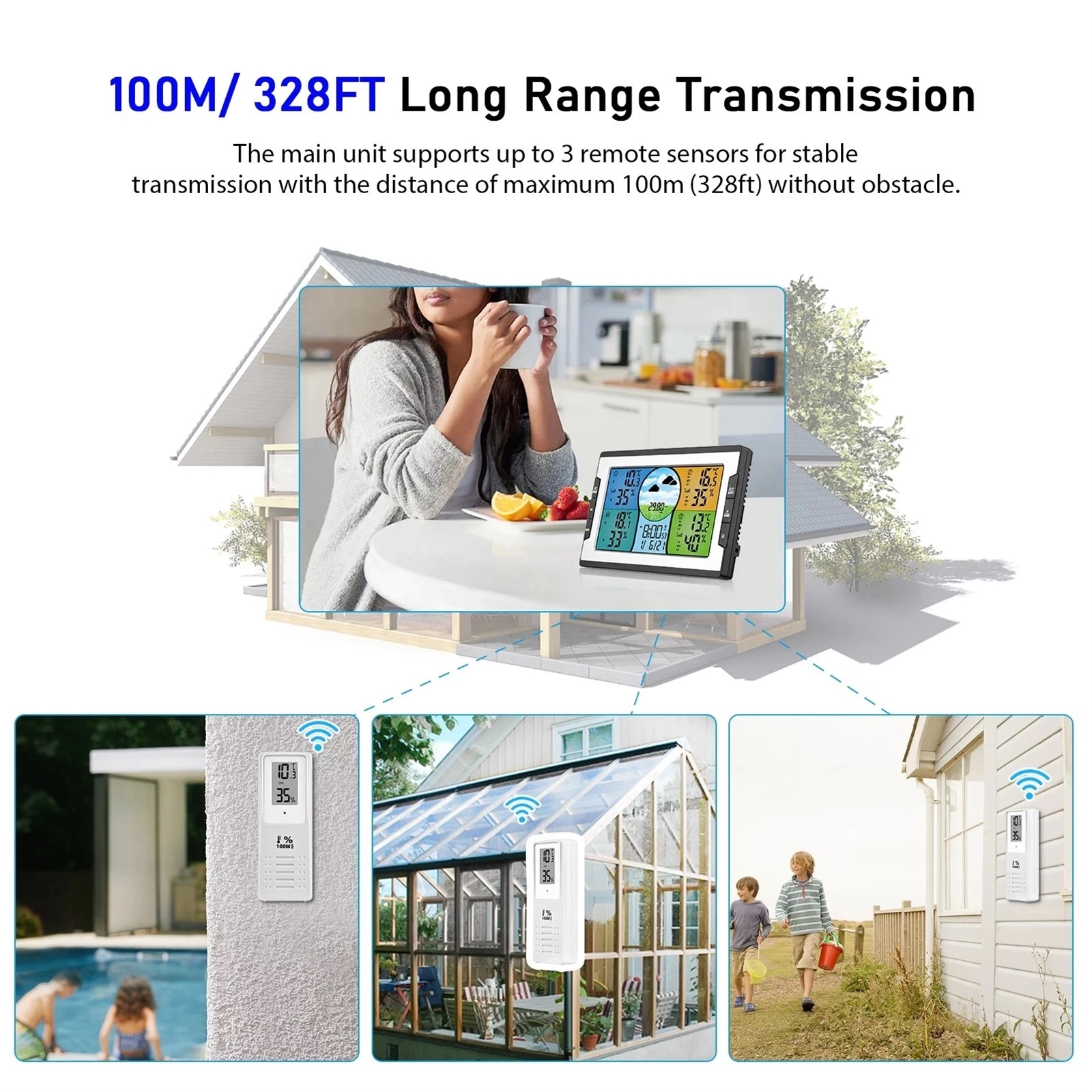 Digital Weather Station with 3 Remote Sensors 328ft/100m Indoor Outdoor Temperature Humidity Monitor Alarm Clock for Home Office ,Excellent Visual Experience