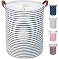thumbnail image 1 of Fristående Tvättkorg med Lock, 20 cm, Hopfällbar Stor Tvättkorg med Dragsko och Läderhandtag (Blårandig, M), 1 of 3