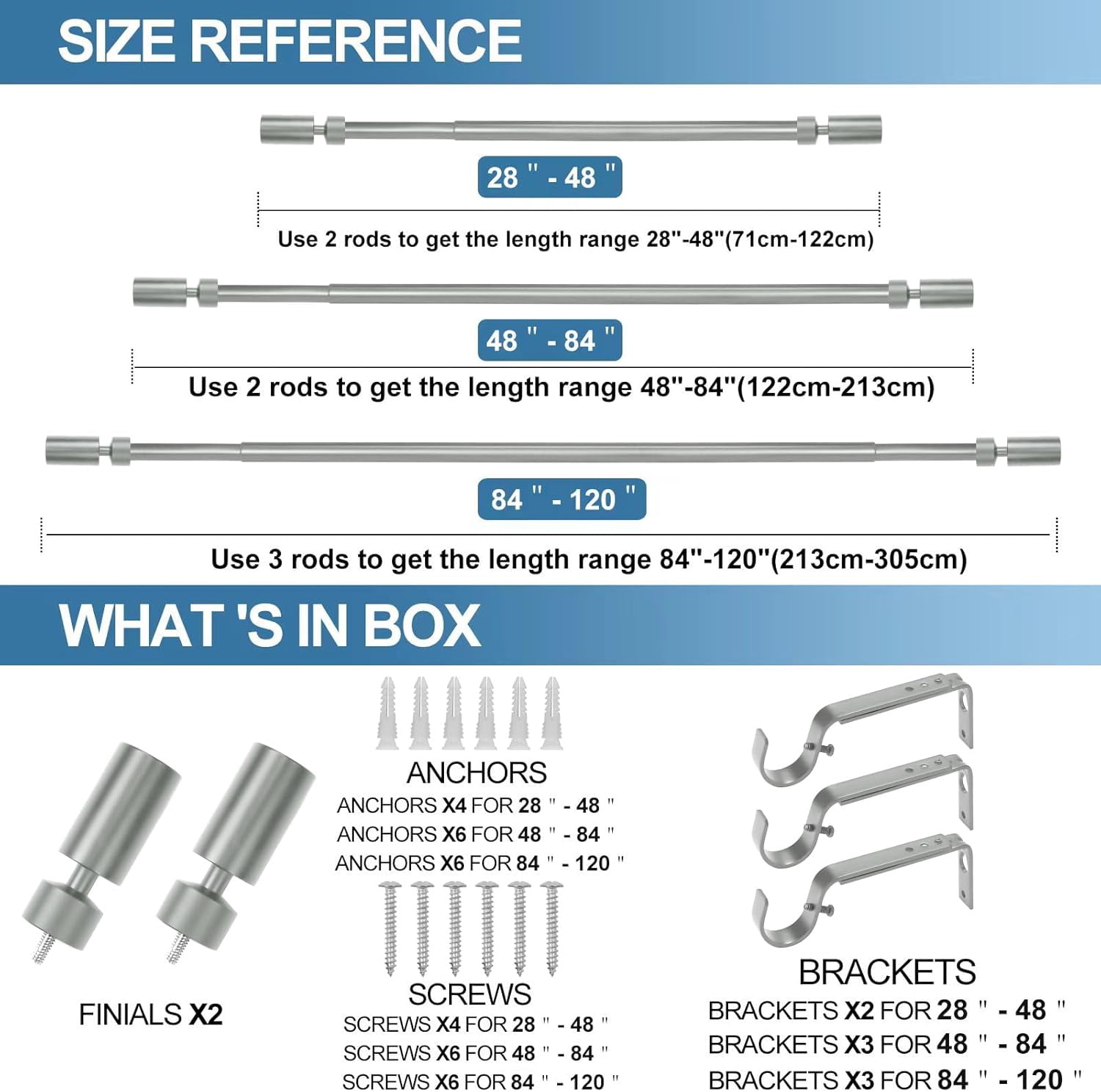 Urbanest Adjustable Single Curtain Rod Set Sullivan Finials – 1 - Inch Diameter, With Brushed Steel Rod, 28–48 Inches