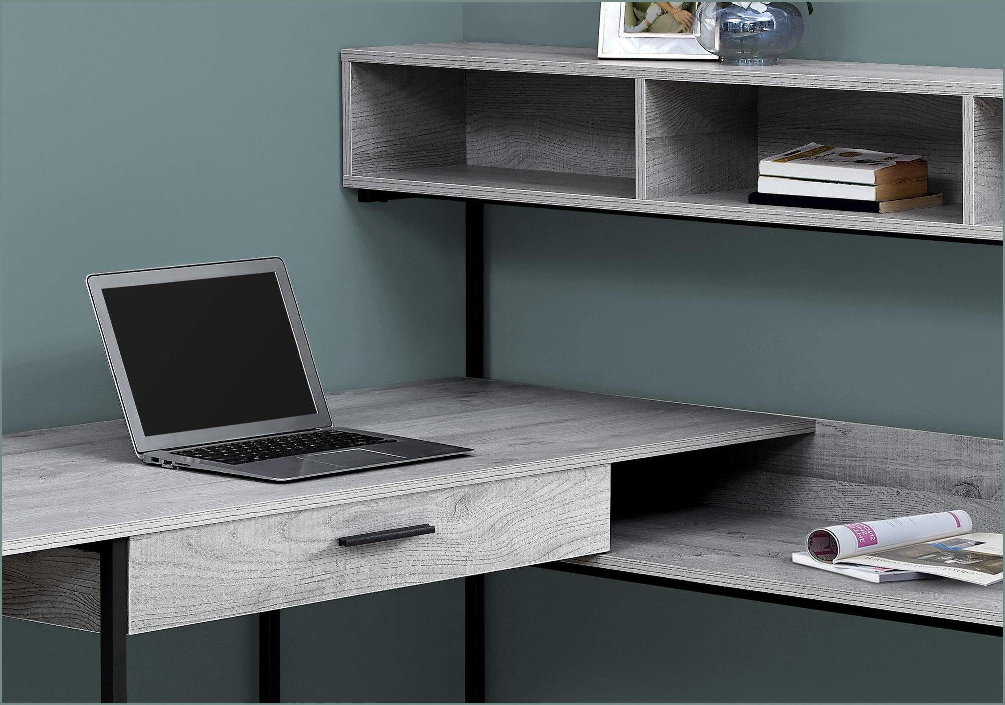 Desks, L-Shaped Corner Computer Desk with Storage Drawers, Modern Grey Laminate | Black Metal | MDF