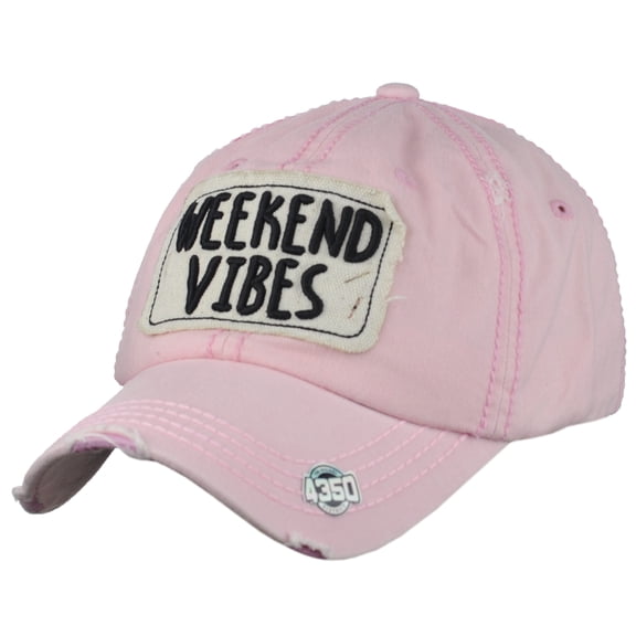 Unisex Vintage Distressed Patched Phrase Adjustable Baseball Dad Cap, Weekend Vibe, Pink