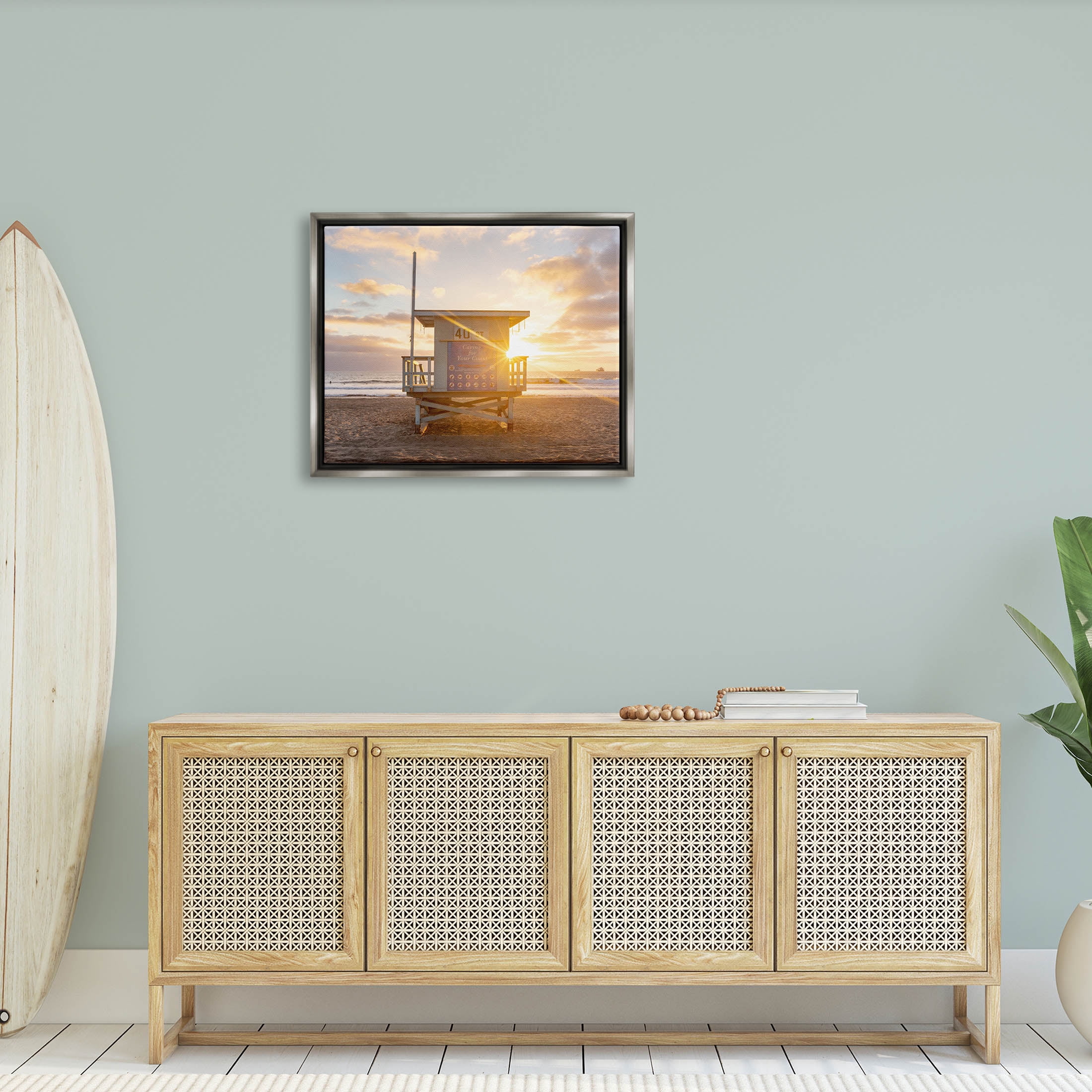 Beach Hut Sunset Flare Coastal Photograph Luster Gray Framed Art Print Wall Art