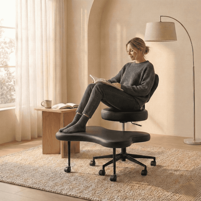 Pinmoco Ergonomic Cross Legged Swivel Chair, Adjustable Height and PU Leather, Meditation Chair with Back Support, Home and Office, Black