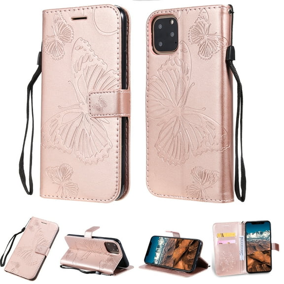 iPhone 11 Pro Max Wallet Case, Flip Kickstand Emboss Butterfly PU Leather Protective Phone Cover with Wrist Strap & Card Slots, Rosegold