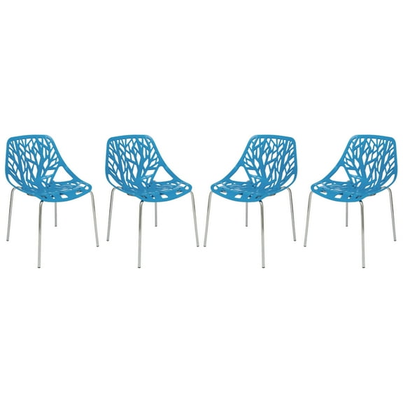 LeisureMod Modern Asbury Dining Side Chair With Chromed Legs in Blue Set of 4