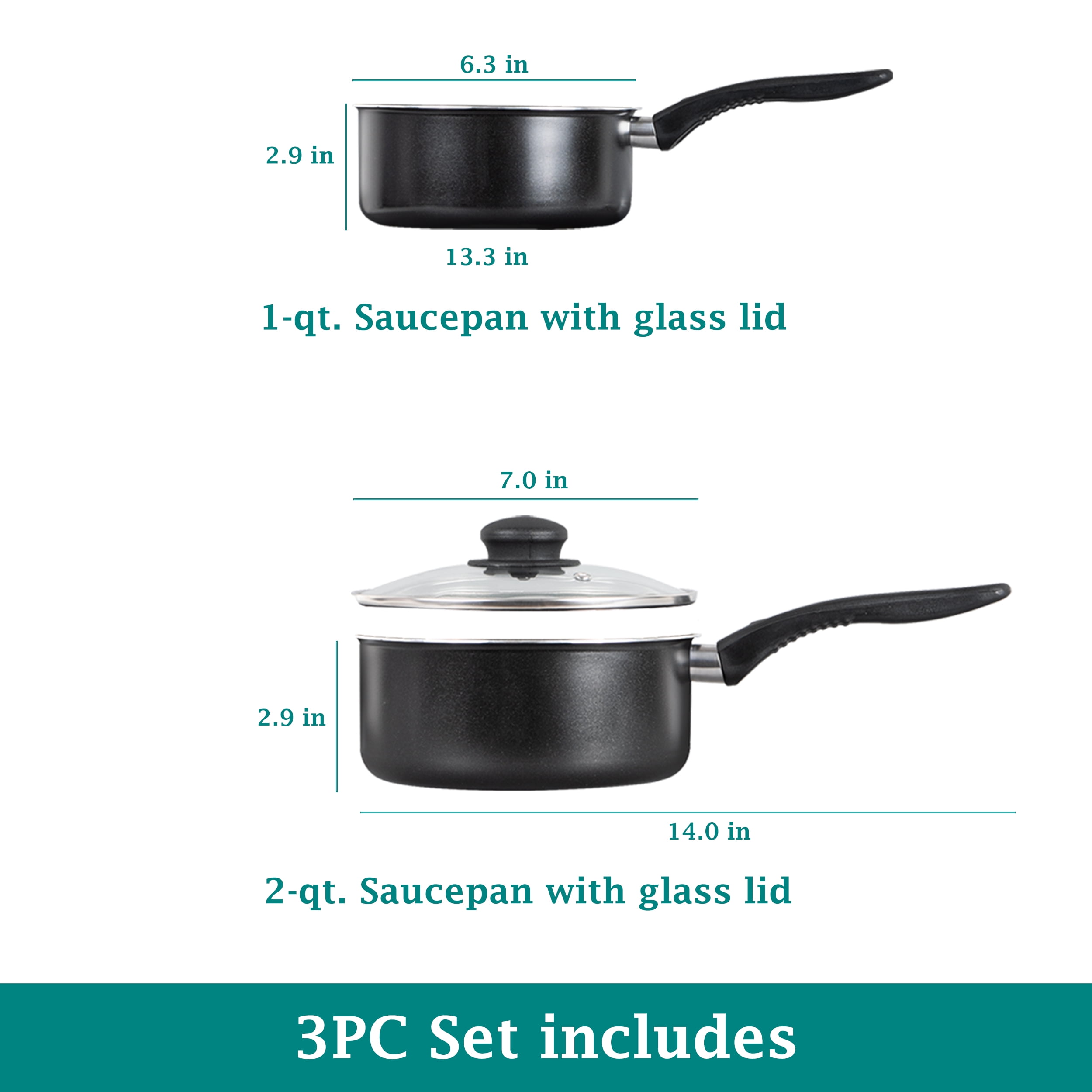 Mainstays 3-Piece Nonstick Sauce Pan Set, Black, 1 Qt & 2 Qt with Single Glass Lid