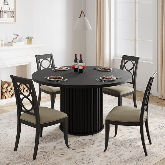 Ataucjin 47" Round Dining Table for 4-6 People,Farmhouse Industrial Dinning Room Table with Waveform Metal Pedestal Base,Rustic Circle Kitchen Table Dining Table for Dining Room,Kitchen