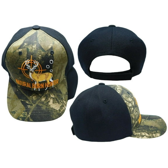 Natural Born Hunter Camouflage Front Black Back Adjustable Embroidered Hat Cap