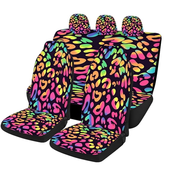 Odenmar Rainbow Leopard Print Car Seat Covers Full Set Made with Mesh Fabric Universal Fit Protectors for Trucks Vans Sedans Suvs