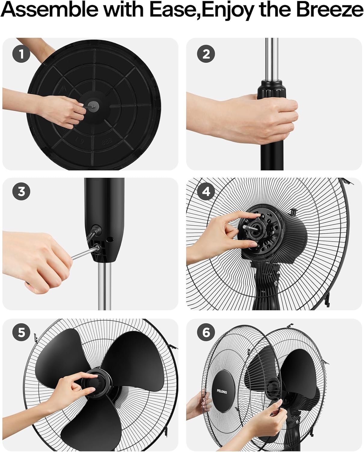 Open Box PELONIS 16 Pedestal Remote Control Oscillating Stand Up Fan 7-Hour Timer 3-Speed and Adjustable Height PFS40A4BBB Supreme 16-Black
