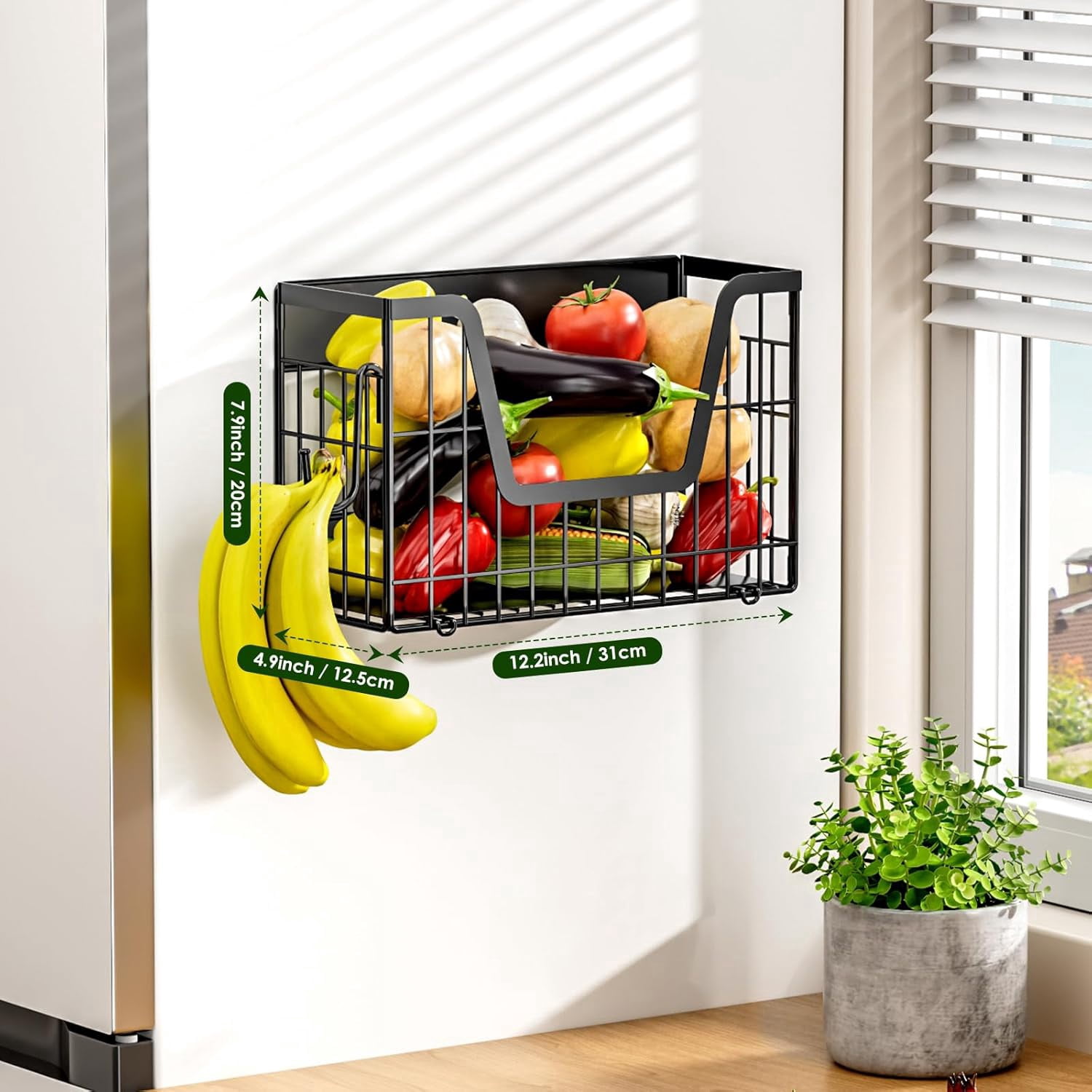Black Magnetic Shelf for Fridge, Fruit Potato and Onion Storage Bins, Magnetic Spice Rack Shelves for Side of Refrigerator, Fruit Basket Magnetic Fridge Shelf Kitchen Pantry Storage Organizer