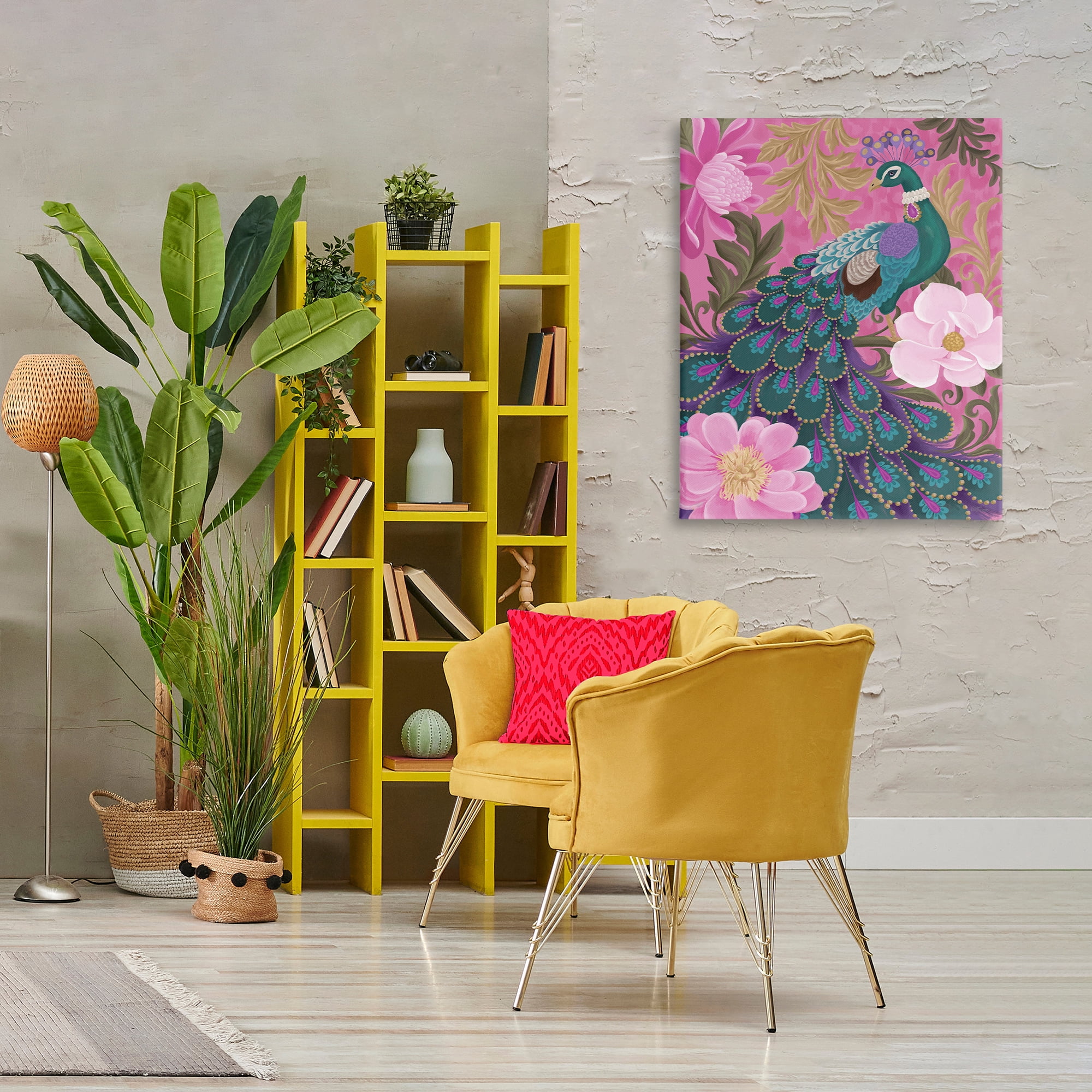 Stupell Industries Peacock & Pink Blossoms Animals & Insects Painting Gallery Wrapped Canvas Art Print Wall Art, 30 x 40
