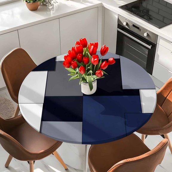 Navy Blue Nautical Geometric Elastic Fitted Round Tablecloth Patchwork Art Waterproof Outdoor Table Cover for Holiday Party, Picnic, Patio & Dining Fits Tables Up to 36"-44"