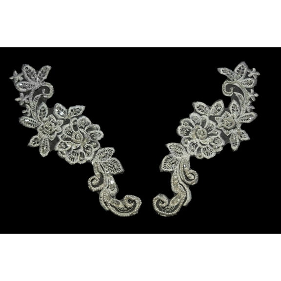 Lily 10.5"x3.75" White Pearl Beaded Sequins Embroidered Bridal  Applique by Pair