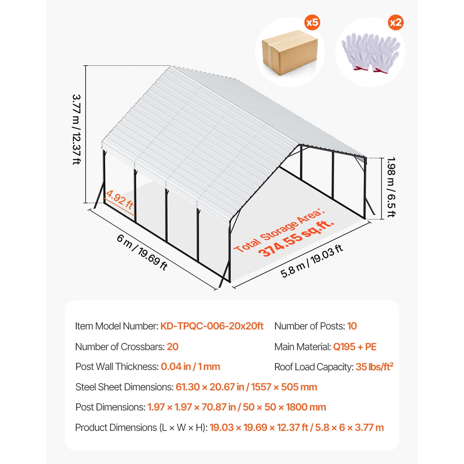 KFFKFF Durable 20 x 20 ft Metal Carport with Sturdy Frame and Roof, Outdoor Shelter with Detachable Sidewalls for Vehicles, Boats, Trucks, and Equipment