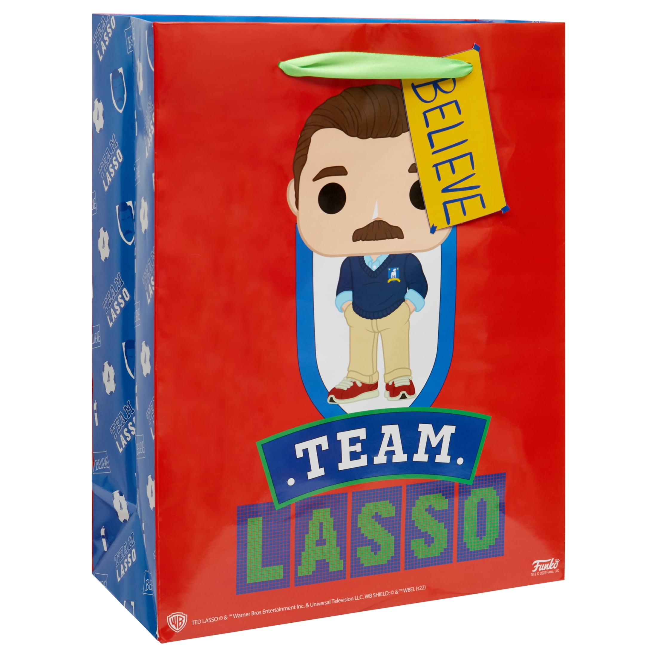 Funko Gift Bag, Christmas, Ted Lasso, Team Lasso, Believe, Red, Blue, Green, Paper, Satin Handles