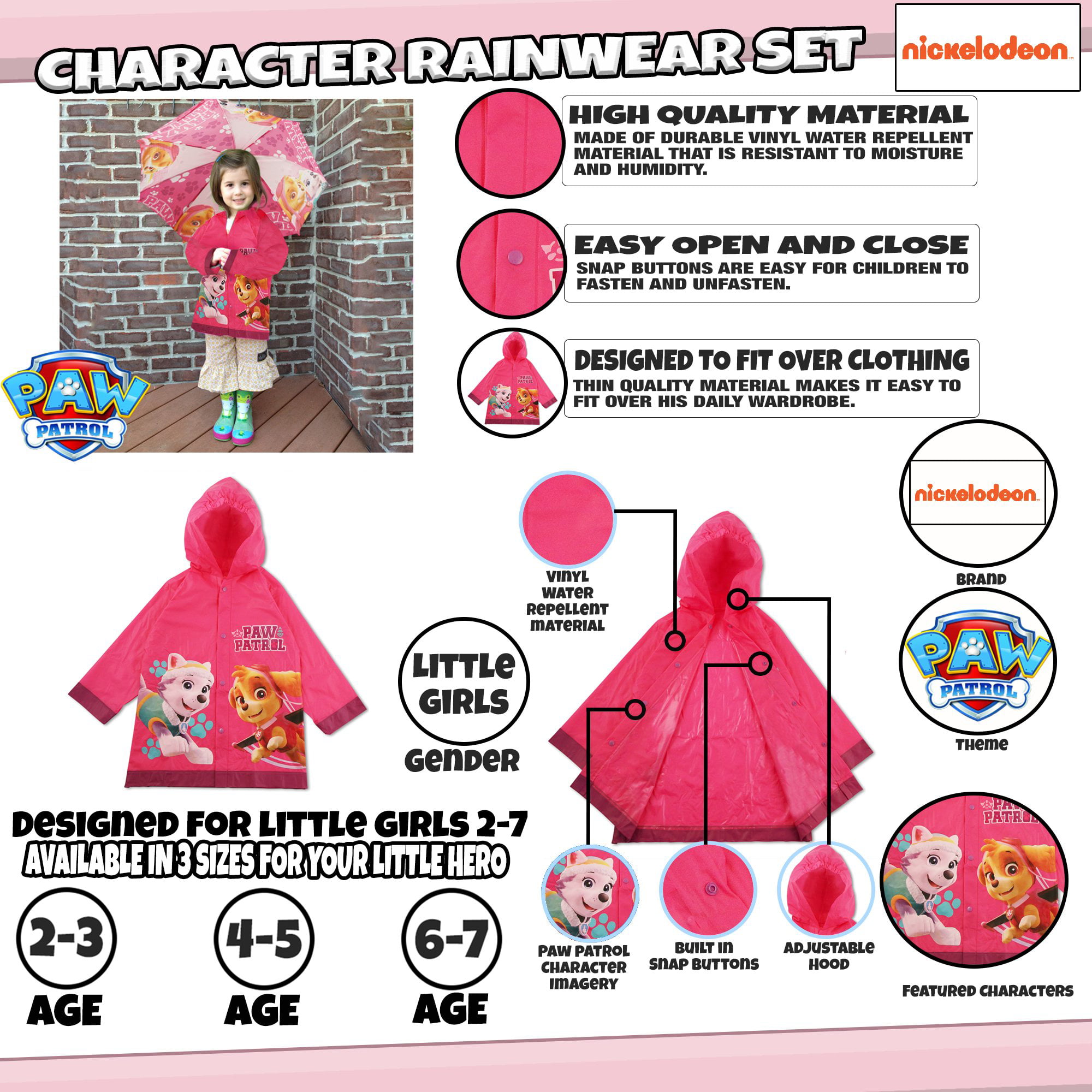 Little Girls Ages 2-7 Slicker and Umbrella Nickelodeon girls Nickelodeon Paw Patrol Slicker and Umbrella Rainwear Set