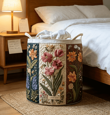 Quilted Laundry Basket with Handles,Vintage Floral Quilted Storage Hamper,Foldable Clothes Toy Storage Baskets,Large Soft Fabric Laundry Basket for Nursery, Bedroom,Clothes & Toys(M)