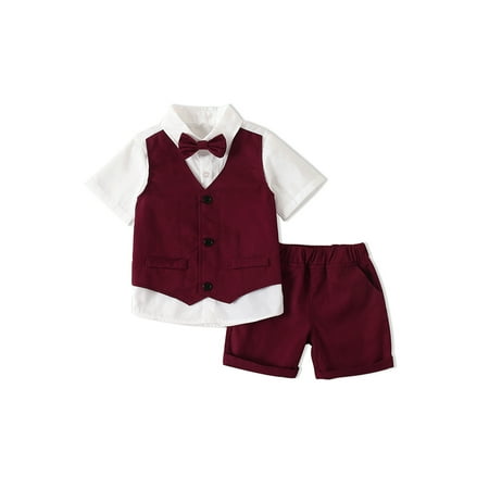 

Suanret Kids Toddler Boys Gentleman Outfits Patchwork Bowtie Short Sleeve Blazer Waistcoat Shirts Shorts 2Pcs Suit Wine Red 2-3 Years