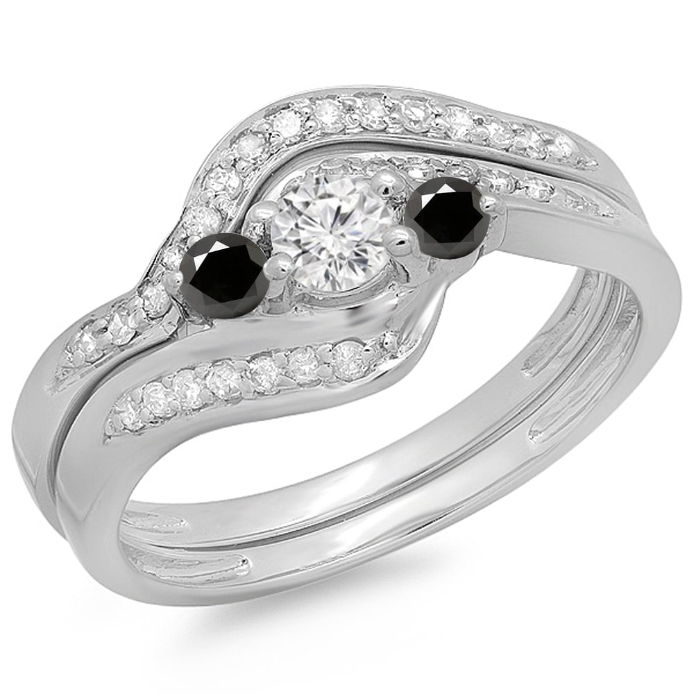 0.60 Carat (ctw) 14K Gold Round Black And White Diamond Swirl Style Bridal 3 Stone Engagement Ring Set
