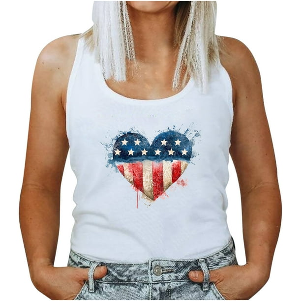 Cuello redondo para mujer Día de la Independencia Impresión Sin mangas Casual Chaleco suelto Tops Fridja gh91