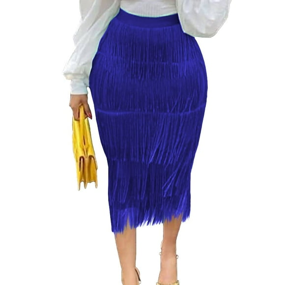AOMEI Jupe Midi Crayon Bodycon à Franges Bleu Taille Haute pour Femmes M