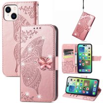 Allytech Compatible with Apple iPhone 14 Plus Case Embossed Diamond Butterfly Glitter Bling Case with Card Holder Stand Flip Wallet Shockproof Phone Cover for iPhone 14 Plus 5G 6.7" Crystal Rosegold