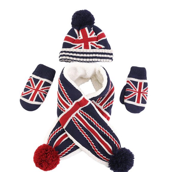 Giaone Kids 3Pcs Winter Warm USA/UK Flag Pompom Knit Beanie Hat Long Scarf Gloves Set