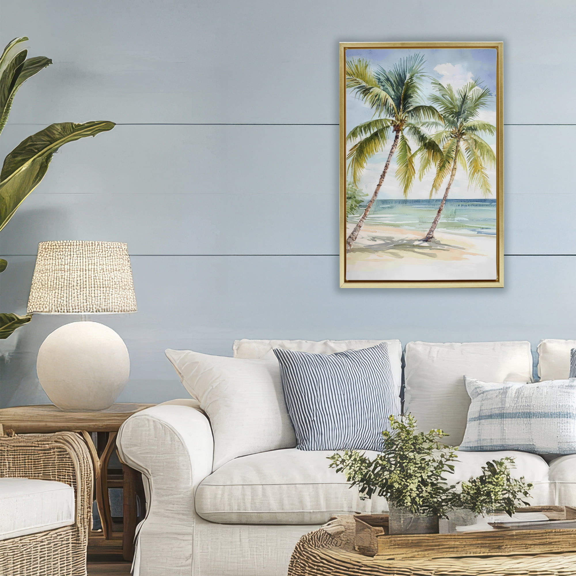 Stupell Industries Shady Palm Beach Escape Gold Framed Floater Canvas Wall Art, design by Petal Prints Design