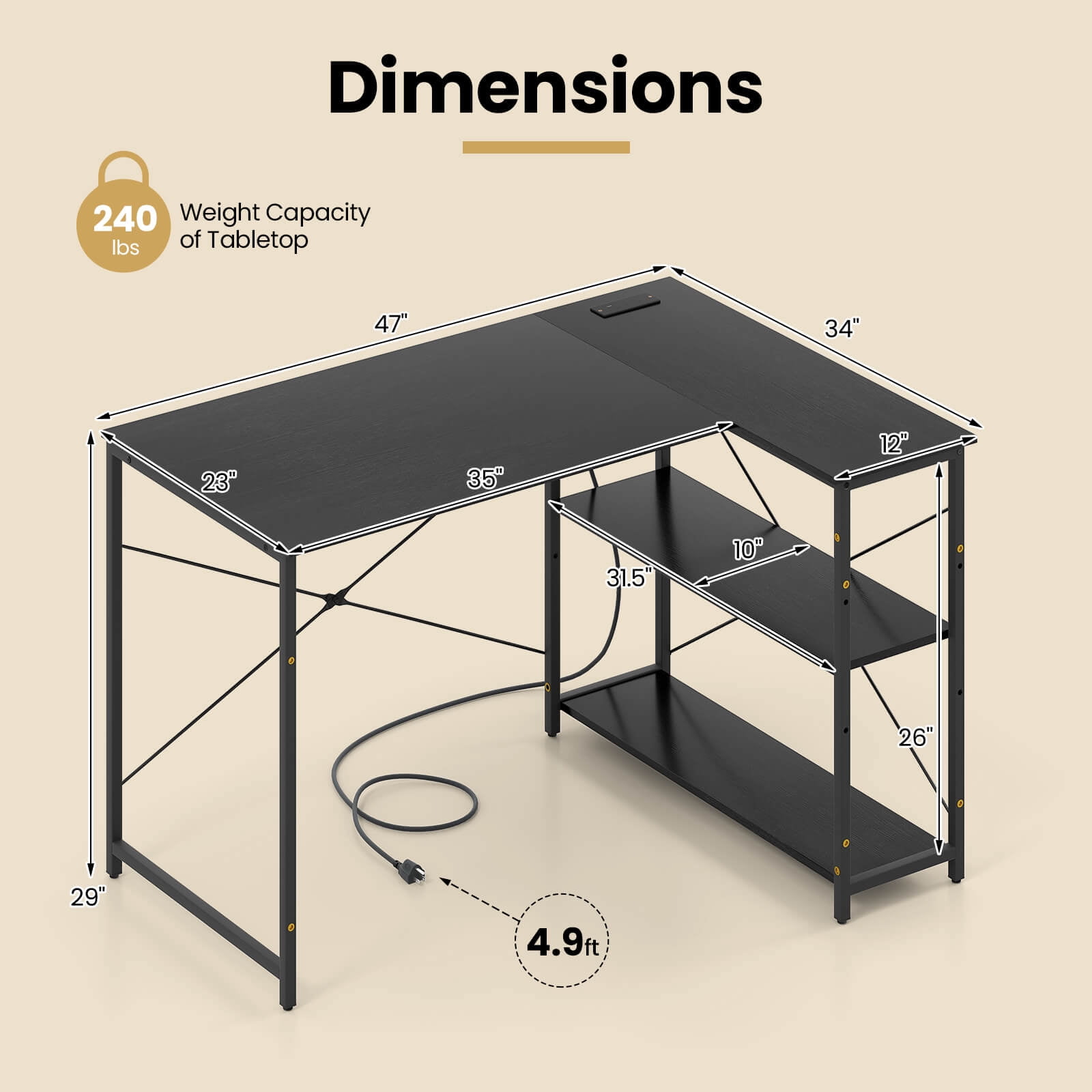Costway L-Shaped Computer Desk with Power Outlets Adjustable shelf Heavy-Duty Metal Frame Black
