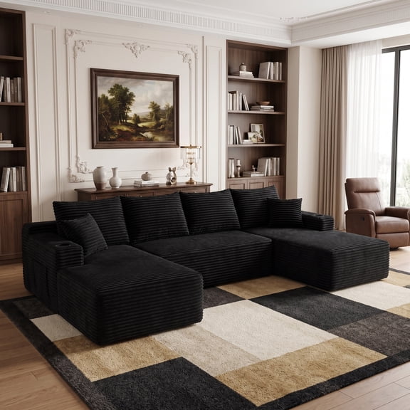 NYBOPAVIS 126" Oversized U-Shaped Modular Sectional Sofa, No Assembly Cloud Couch with Dual Chaise, Plush Corduroy Boneless Sofa for Living Room, Black
