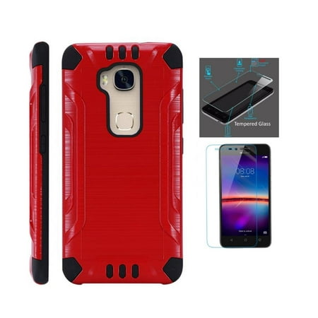 For Huawei Sensa 4G LTE Case + Tempered Glass Screen Protector / Slim Dual Layer Brushed Texture Armor Hybrid TPU Combat Phone Cover (Best Dual Sim Phone In The World)