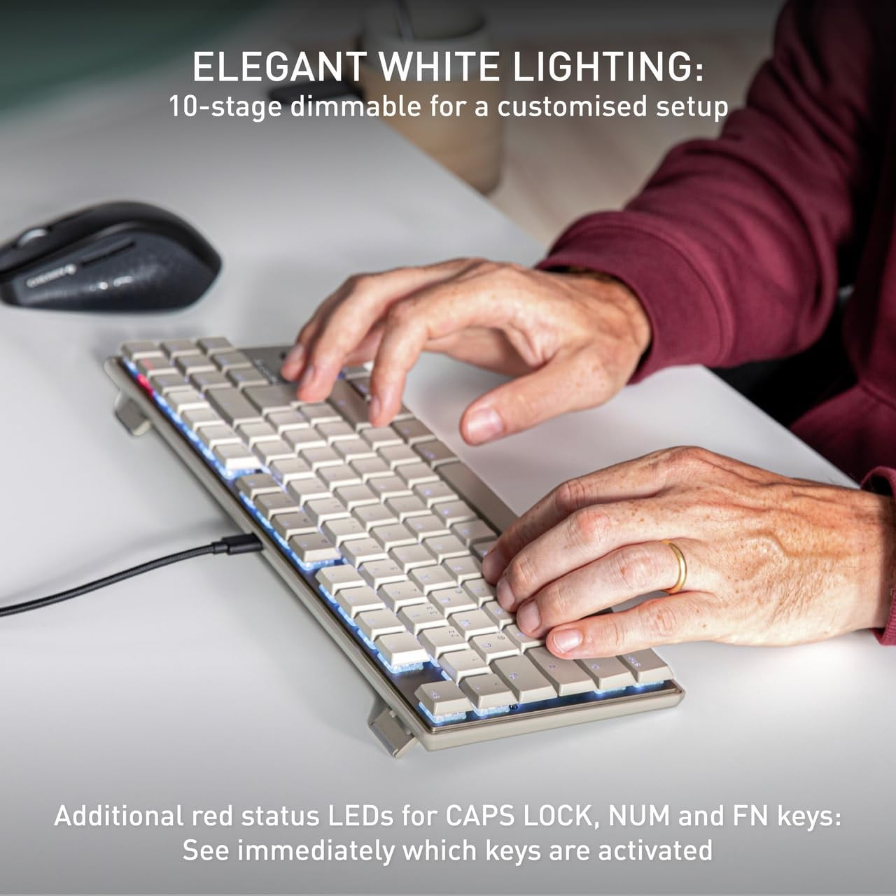 CHERRY KC 500 MX LP TKL MX LP Mechanical Low-profile Keyboard in a Slim Design - Warm Grey, Wired Compact Keyboard with Backlighting, MX2A IVORY Switches, PBT Keycaps, Foldable Feet, Slim Design