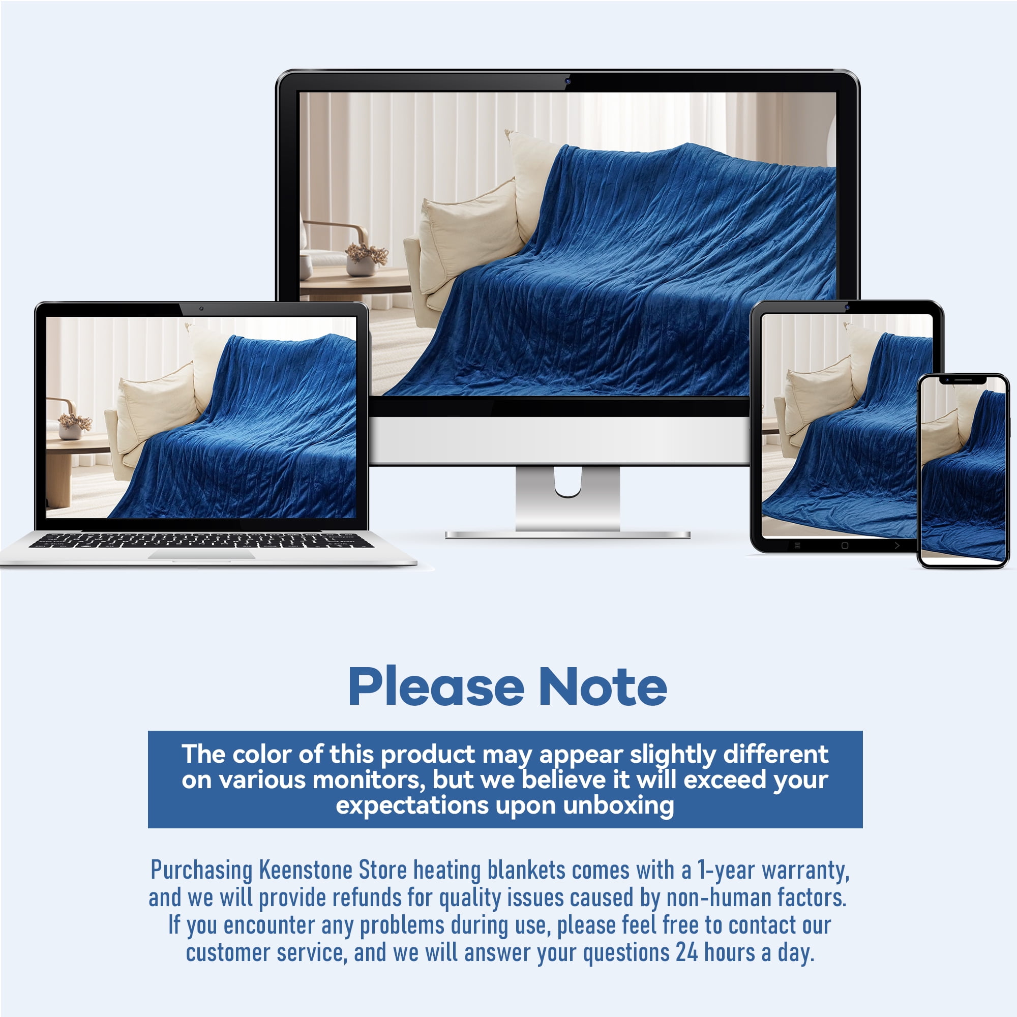 Keenstone Double-sided Flannel Electric Heated Blanket King Size Dual Control, 90"x100" Machine Washable Fast Heating Blanket with 6 Heating Levels &10 Hours Auto Off,Blue