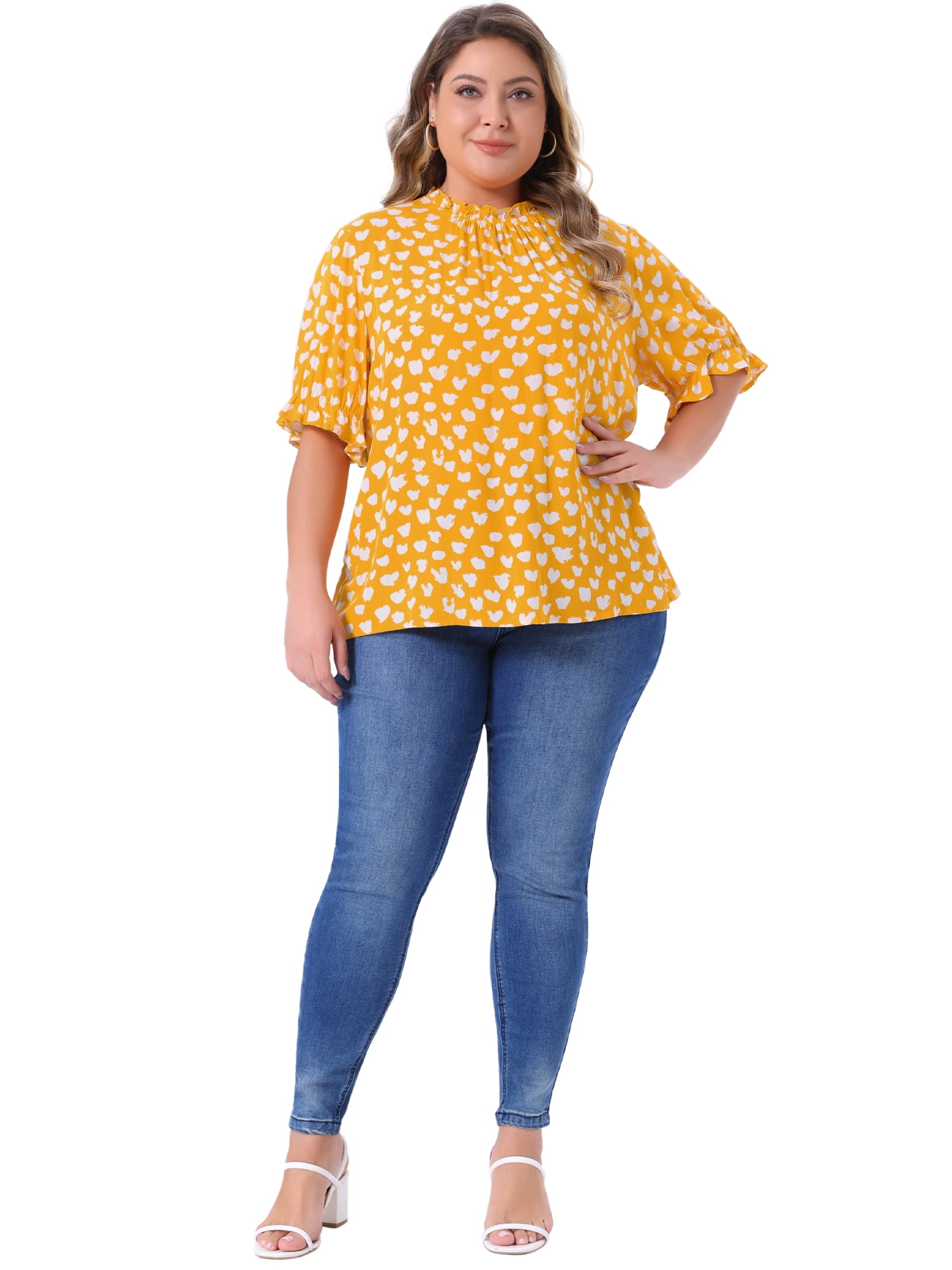 DARING DIVA Women's Plus Polka Dots Print Ruffle Hem Mock Neck Blouse 2X Yellow