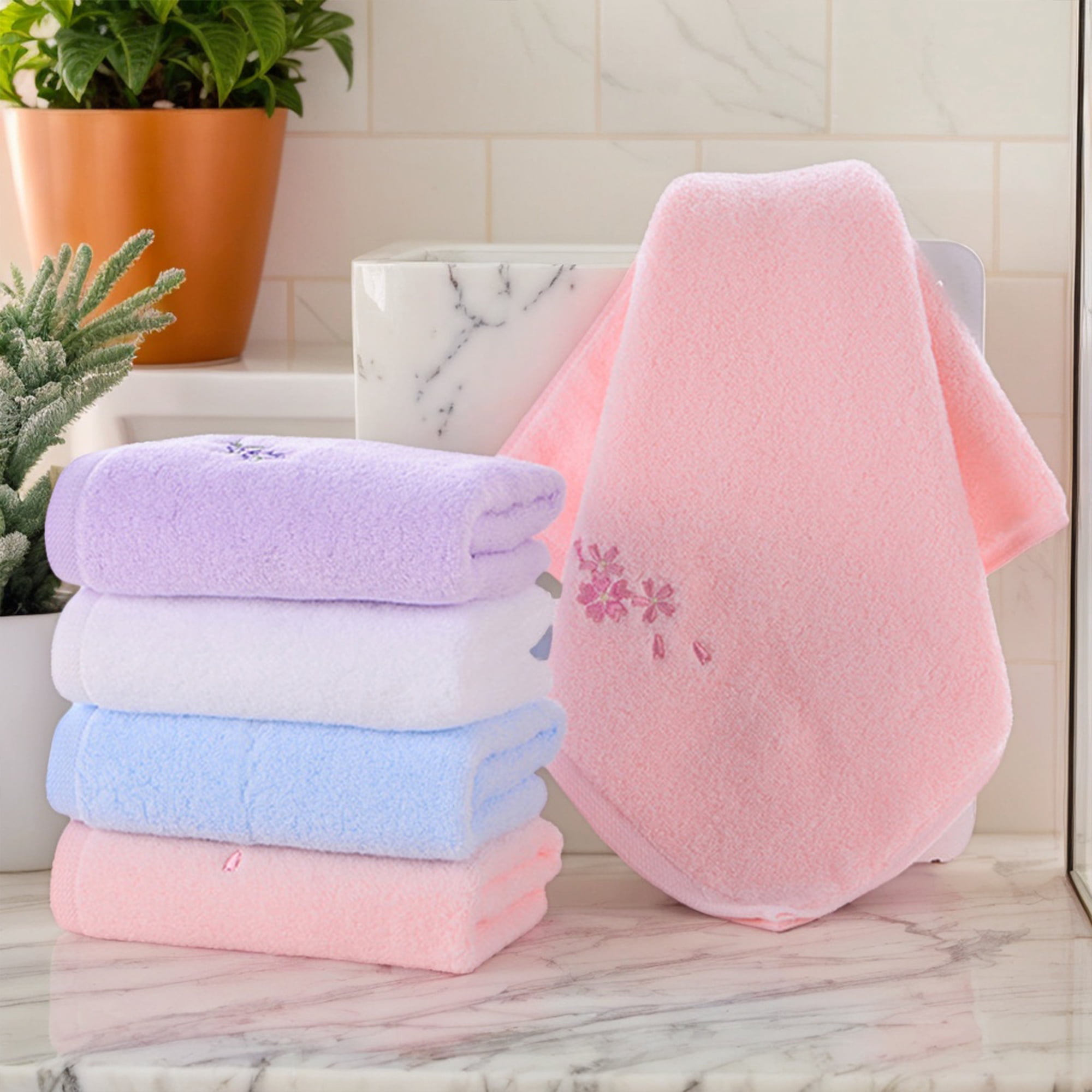 Unique Bargains 4 Pcs Bathroom Cotton Soft Hand Towels 13" x 29" Purple/Brown