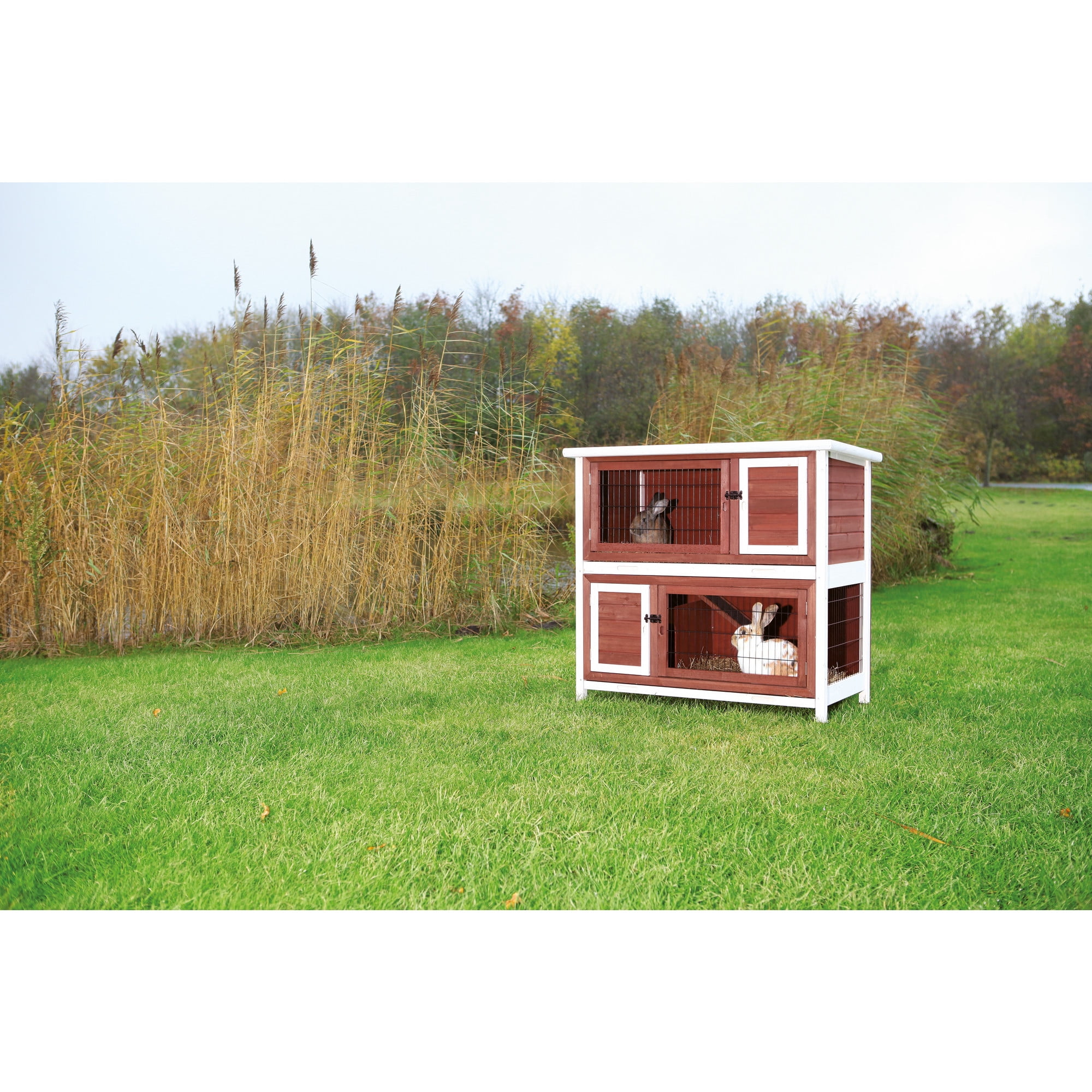 TRIXIE natura Double Weatherproof Outdoor 2-Story Wooden Small Animal Hutch with & Pull-Out Trays & Ramp, Auburn