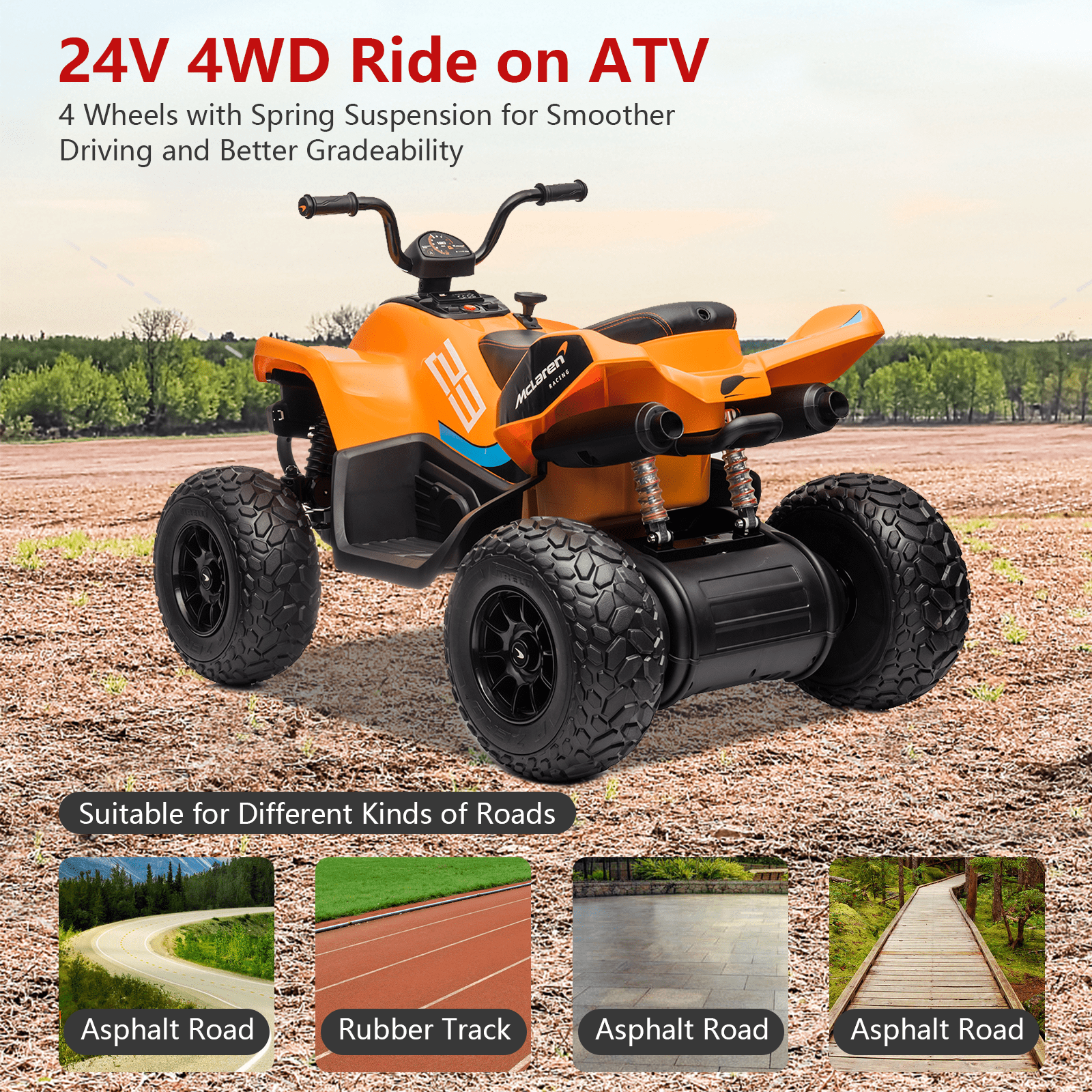 24V Battery Powered, 4-Wheeler Quad Car Toy ATV for 3-8yrs, Electric Off-Road Car with 2 Speeds, LED Lights, Bluetooth, MP3