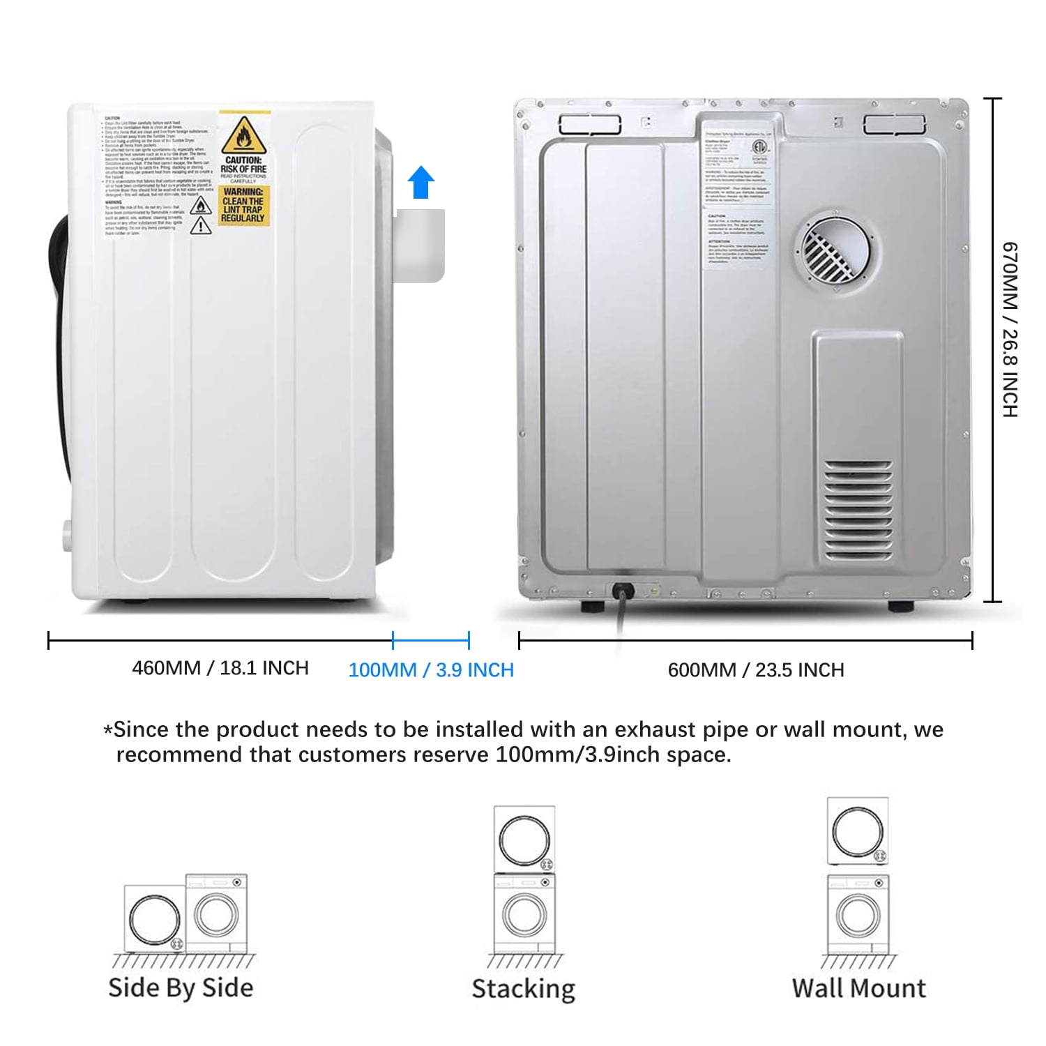 CTT 3.5 Cu. Ft. Clothes Dryer, 1500W Electric Dryers for Clothes, Electric Clothes Dryer with Stainless Steel Drumble for 13.2 lbs. with 4 Automatic Drying Modes (White)