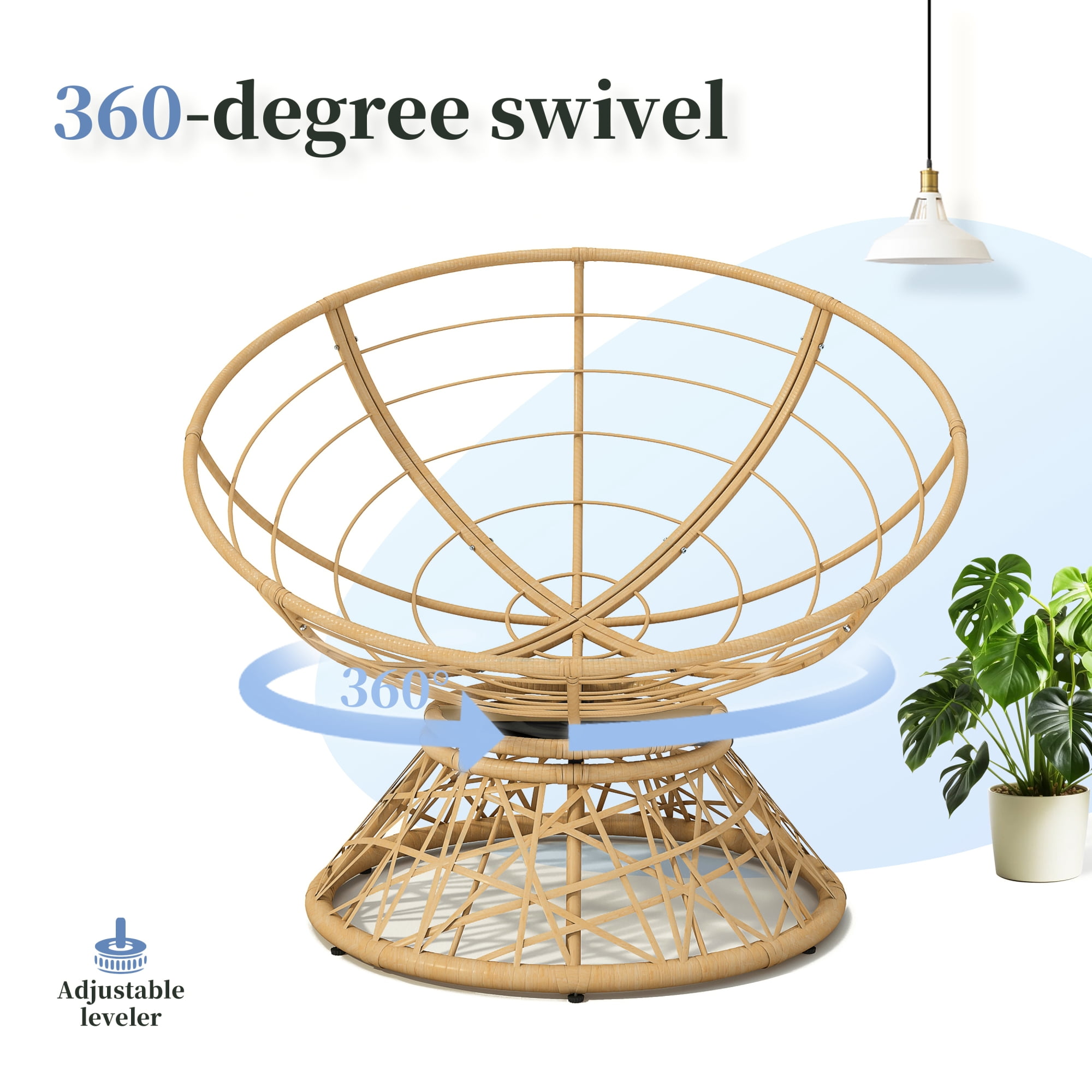 Leumius 40" Papasan Chair, Ergonomic Wicker Chair with Cloud Thick Density Fabric Cushion, Fluid 360 Degree Swivel for Reading,Living Room, Bedroom,Lounge,Gray Base, Beige+Natural Wood