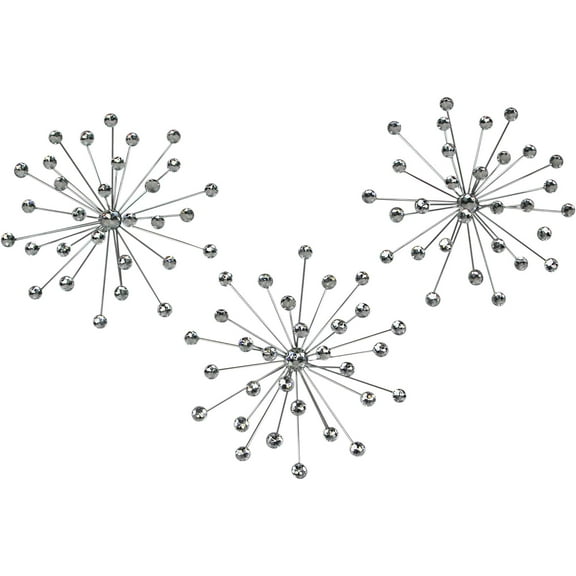 Set Of 3 Silver Starburst Jeweled Metal Decorative Wall Art Hanging Rhinestone Crystal Home Decor Accents