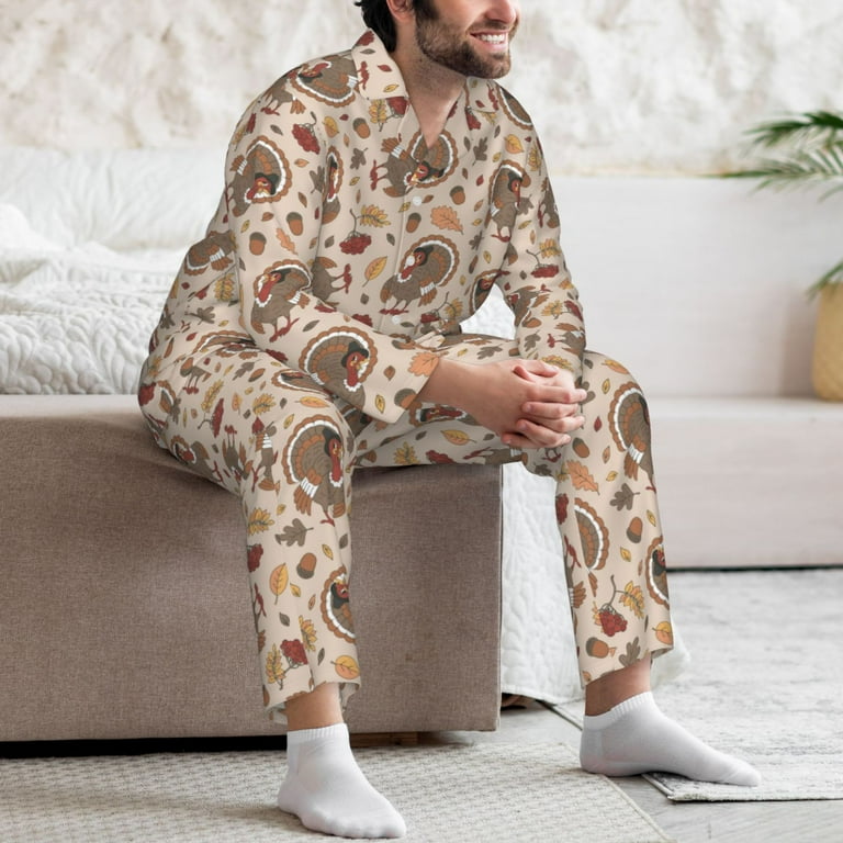 Cauagu Cute Autumn Turkey Print Men's Long-Sleeve Pajama Set