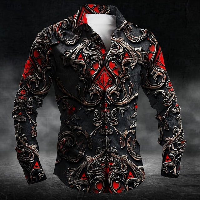 Camisa de moda para hombre, de manga larga, para fiestas, reuniones, noches, otoño, invierno, primavera y verano, camisa con solapa, 3D, rojo degradado, satinado