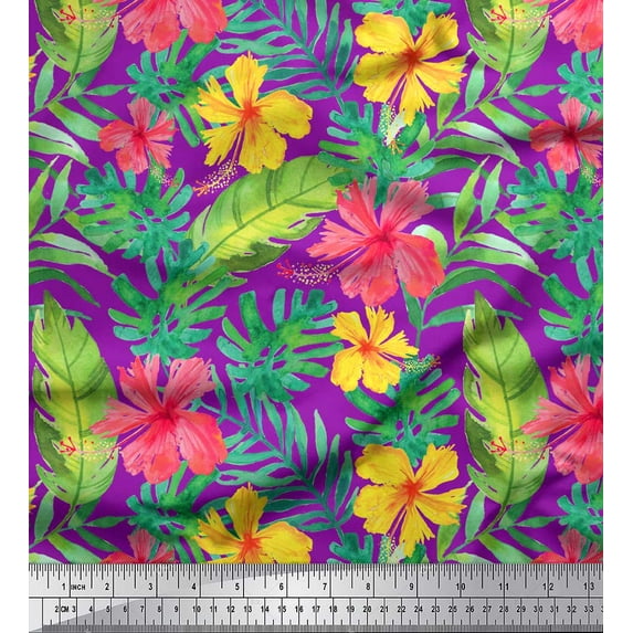 Soimoi Purple polyester Crepe Fabric Leaves & Floral Print Fabric by Yard 52 Inch Wide